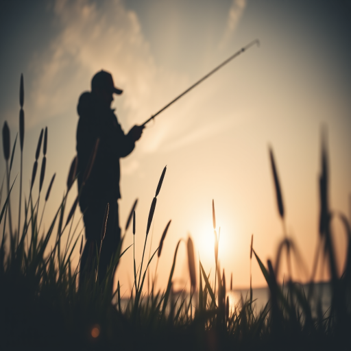 Regenerate image of a silhouette fishing scene with a figure holding a fishing rod, cattails and grass in the foreground, captured in a low angle view, with a DSLR camera at f/2.8 aperture, ISO 100, 50mm lens, soft focus style.