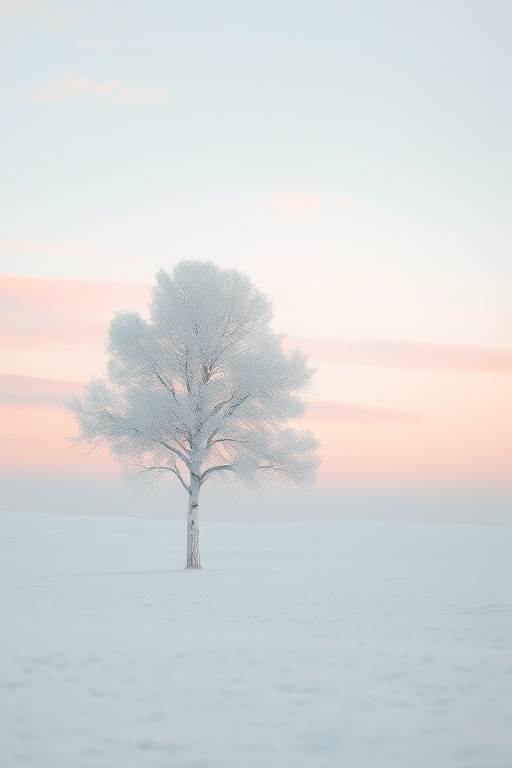 Create a serene landscape featuring a solitary white tree in a minimalist setting with soft, blended pastel colors in the sky, using a Canon EOS R5 camera, 50mm lens, f/1.8 aperture, ISO 100, shutter speed 1/200 sec, taken at eye level with a shallow depth of field for a dreamy effect.