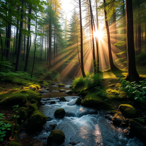 create a serene forest scene with a gently flowing stream bathed in soft sunlight filtering through the trees, capture with a DSLR camera at f/2.8, 1/125s, ISO 200, using a wide-angle lens at 24mm in golden hour light, emphasizing the mist and vibrant greenery