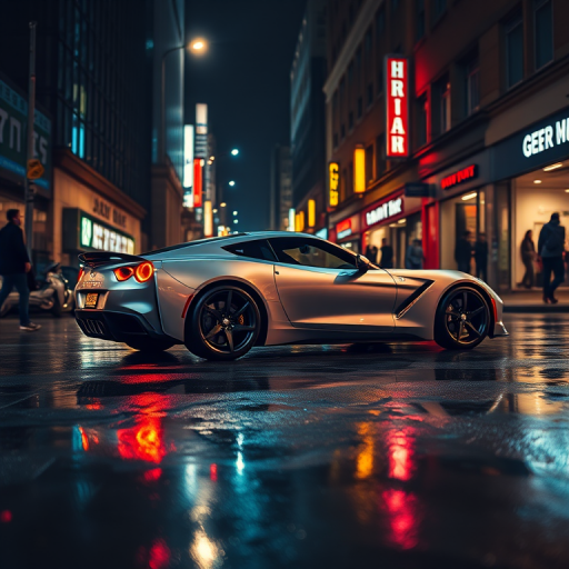 a sleek silver sports car on a wet urban street at night, neon lights reflecting on the pavement, low angle shot, f/1.8 aperture, ISO 200, 1/60 sec shutter speed, using a DSLR camera with a 35mm lens, high dynamic range imaging for enhanced detail and color accuracy