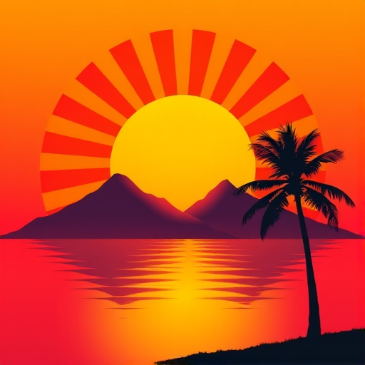 Create a vibrant circular illustration of a sunset with bold rays emanating from a large sun over two silhouettes of mountains, a palm tree in the foreground, and a reflective water surface, using a DSLR camera with a 50mm lens, aperture f/8, ISO 100, shot at sunrise with a low-angle perspective and a soft focus background.