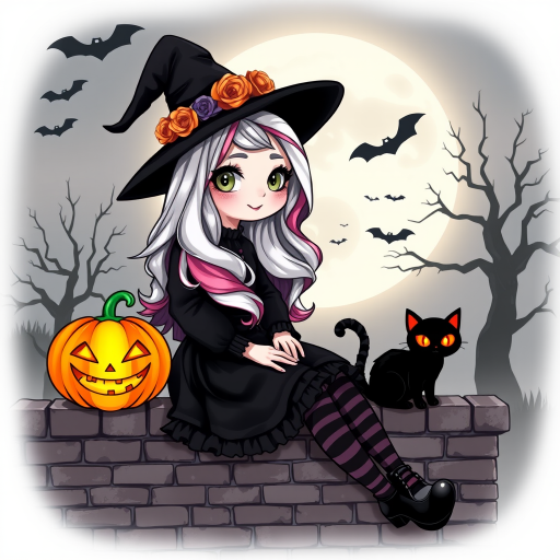 A cute, gothic-style cartoon of a young witch resembling Wednesday Addams sitting on a brick wall under a full moon. She has long wavy hair with silver, pink, and purple ombre highlights, and wears a classic black witch hat decorated with a pumpkin and roses. She is dressed in a black frilly dress with striped stockings and black shoes. A glowing Jack-o'-lantern sits beside her, and a black cat with glowing orange eyes is next to her. The background features a large moon, silhouetted bats, and a spooky tree, with a soft monochrome and slightly glowing effect, creating a magical Halloween atmosphere.