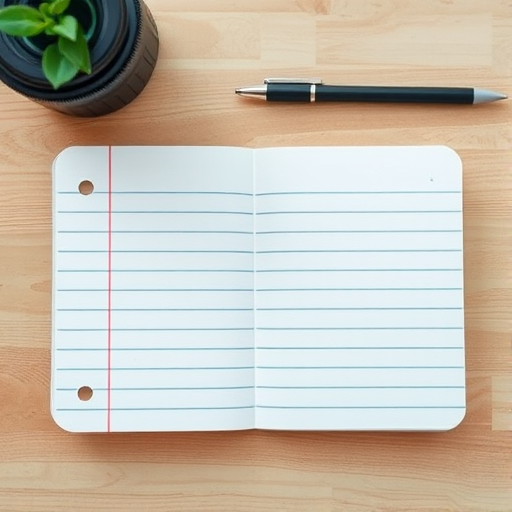 Create a high-quality image of a blank lined notebook page with a soft focus background, using a DSLR camera, f/2.8 aperture, ISO 100, 50mm lens, and a top-down view to enhance details and texture.