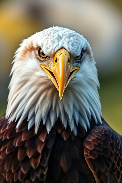 Create a detailed portrait of a majestic bald eagle with vibrant colors and intricate feather textures, using a Canon EOS 5D Mark IV with a 70-200mm lens, aperture set to f/2.8, ISO 100, natural lighting, and a shallow depth of field to emphasize the eagle's fierce expression against a soft, blurred background.