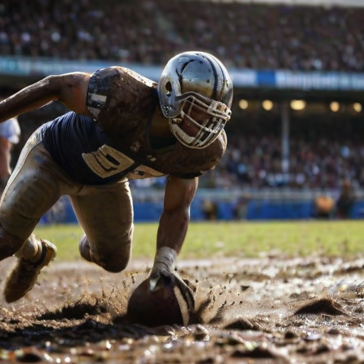 Blurry action shot of a football player diving for a touchdown, mud splashing up from the field, intense concentration on their face, the crowd roaring in the background, stadium lights casting harsh shadows on the field, focus on the ball in their hands.
