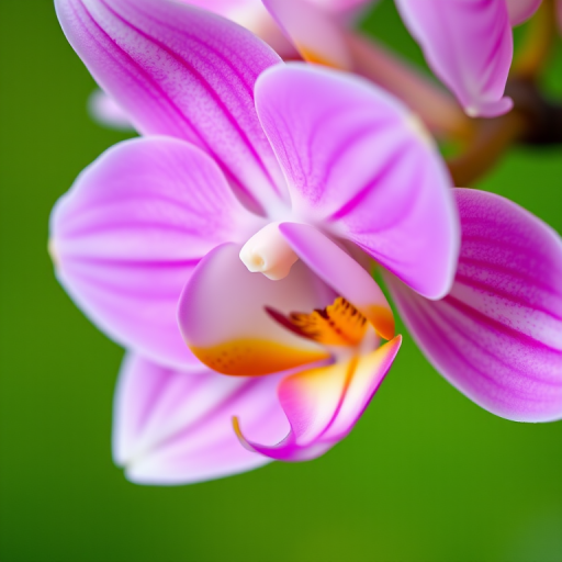 Close-up shot of a pink and white orchid bloom on a green background, using a DSLR camera with a macro lens, aperture set to f/2.8, shutter speed at 1/125 sec, ISO 200, focus on the flower details.