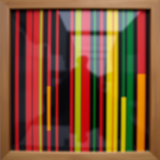 Create an abstract artwork featuring vertical stripes in vibrant colors like red, black, green, and yellow, captured with a DSLR camera at f/2.8, 1/125 sec, ISO 100, in a well-lit environment, with a depth of field focus on the stripes and a wooden frame around the image.