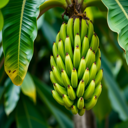 Photograph a bunch of green bananas hanging in lush foliage, using a DSLR camera with a 50mm lens, aperture f/2.8, ISO 200, shutter speed 1/100 sec, in natural light with a shallow depth of field for crisp detail on the bananas and soft background blur.