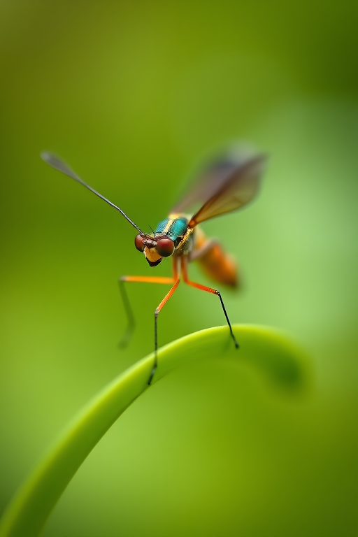 macro shot of a crane fly perched on a green leaf with soft bokeh in the background, using a DSLR camera with a 100mm macro lens, aperture f/2.8, shutter speed 1/200s, ISO 200, natural light for enhanced detail and color vibrancy