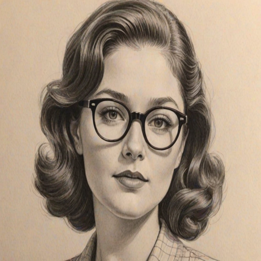 Gorgeous Emma Kenney, pencil sketch, portrait of Ravishing woman 1954s in glasses, hair style beatnik, outline, clear lines, fine lines, 8k