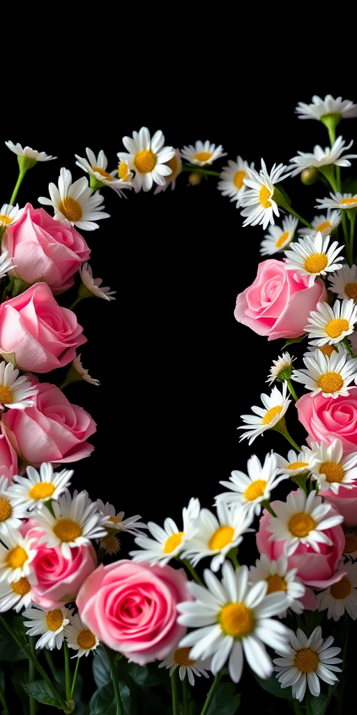 Create an image of an oval floral frame composed of pink roses and white daisies, using a macro lens with a shallow depth of field, f/2.8 aperture, 50mm focal length, and a soft natural light setup against a dark background for high contrast.