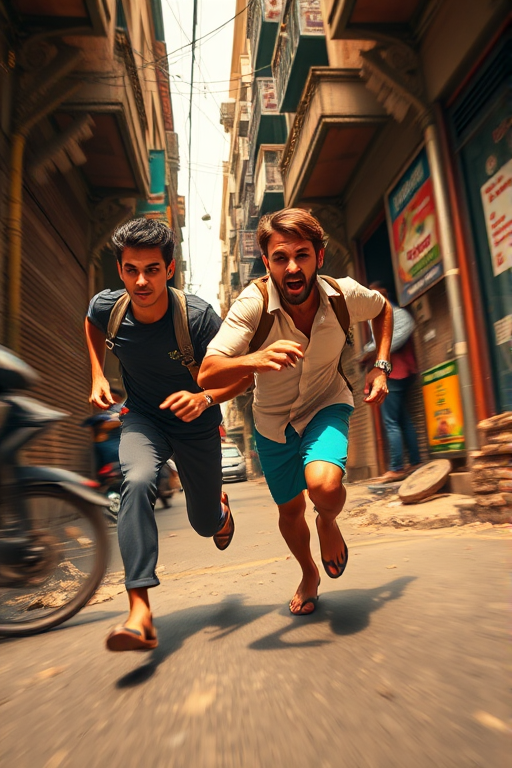 High-speed action scene of two intense male runners in a narrow, chaotic street, capturing dynamic motion and emotion, using a DSLR camera with a 24-70mm lens at f/2.8, ISO 400, 1/1000s, shot from a low angle to emphasize movement and drama, in vivid colors and high contrast.