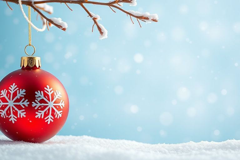 Create an image of a winter scene with a light blue background featuring two red Christmas ornaments with snowflake patterns hanging from the top, surrounded by gentle snowflakes falling against a soft white snow-covered landscape, shot with a 50mm lens, aperture f/5.6, shutter speed 1/200s, ISO 100, digital camera style, high dynamic range for enhanced clarity.