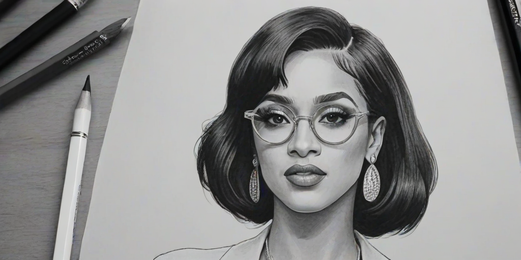 Charming Cardi B, pencil sketch, portrait of Magnificent woman 1921s in glasses, hair style beatnik, outline, clear lines, fine lines, 8k