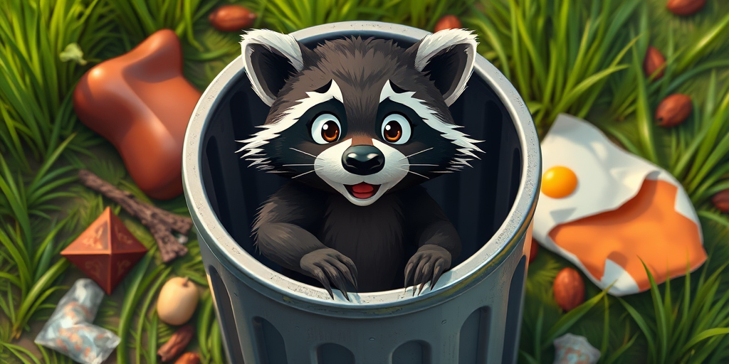 cartoon raccoon sitting in a metallic trash can with a surprised expression, surrounded by grass and discarded food items, high-resolution, f/8 aperture, ISO 100, 50mm lens, top-down view, vivid colors, digital illustration style