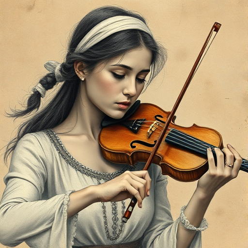 a young Mizrahi woman with a white headband playing a violin, in the style of a charcoal drawing, sepia grunge background