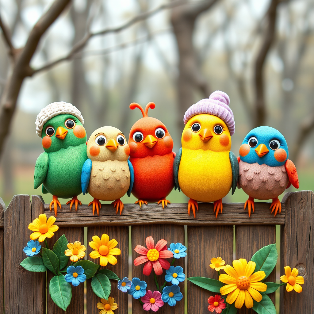 create a scene of 4 quirky  whimsical colourful comical birds each with a funny expression. they are sat on a wooden fence with colourful flowers. they are all different sizes. each one is a different colour  one is wearing a woolly hat. Each one has a different quirky google expression and there is a muted background of trees watercolour paintierly style high definition 8k resolution 3D paper mache