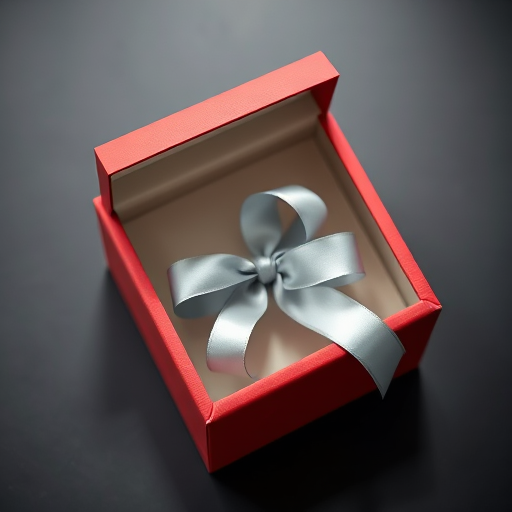 Generate a high-quality image of an open gift box with a silver ribbon, shot from a 45-degree angle, using a DSLR camera with a f/2.8 aperture, ISO 100, and a focal length of 50mm.