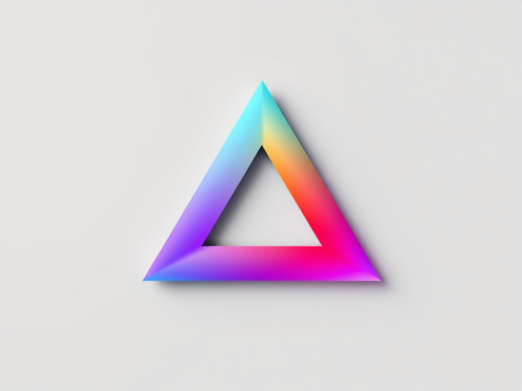 Create a colorful 3D triangle illusion with a smooth gradient texture, using a Canon EOS R5 camera, 50mm lens, f/1.8 aperture, ISO 100, 1/125s shutter speed, soft diffused lighting for a modern artistic look against a minimalistic gray background.