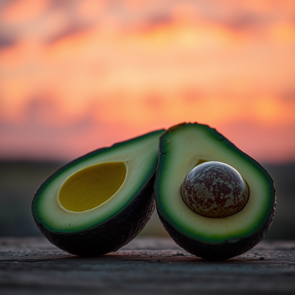 Create an image of two halves of an avocado with a sunset background featuring orange and pink hues, clouds scattered in the sky, shot with a Canon EOS R5 at f/2.8, ISO 100, 50mm lens, using a soft focus style to enhance the colors and details.