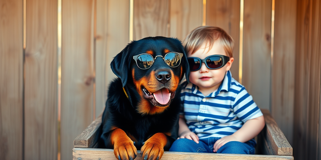 Create a playful scene featuring a toddler in sunglasses and a Rottweiler sitting together in a wooden crate, captured with a DSLR camera at f/2.8 aperture, 50mm focal length, ISO 100, in soft natural lighting for enhanced details and colors.