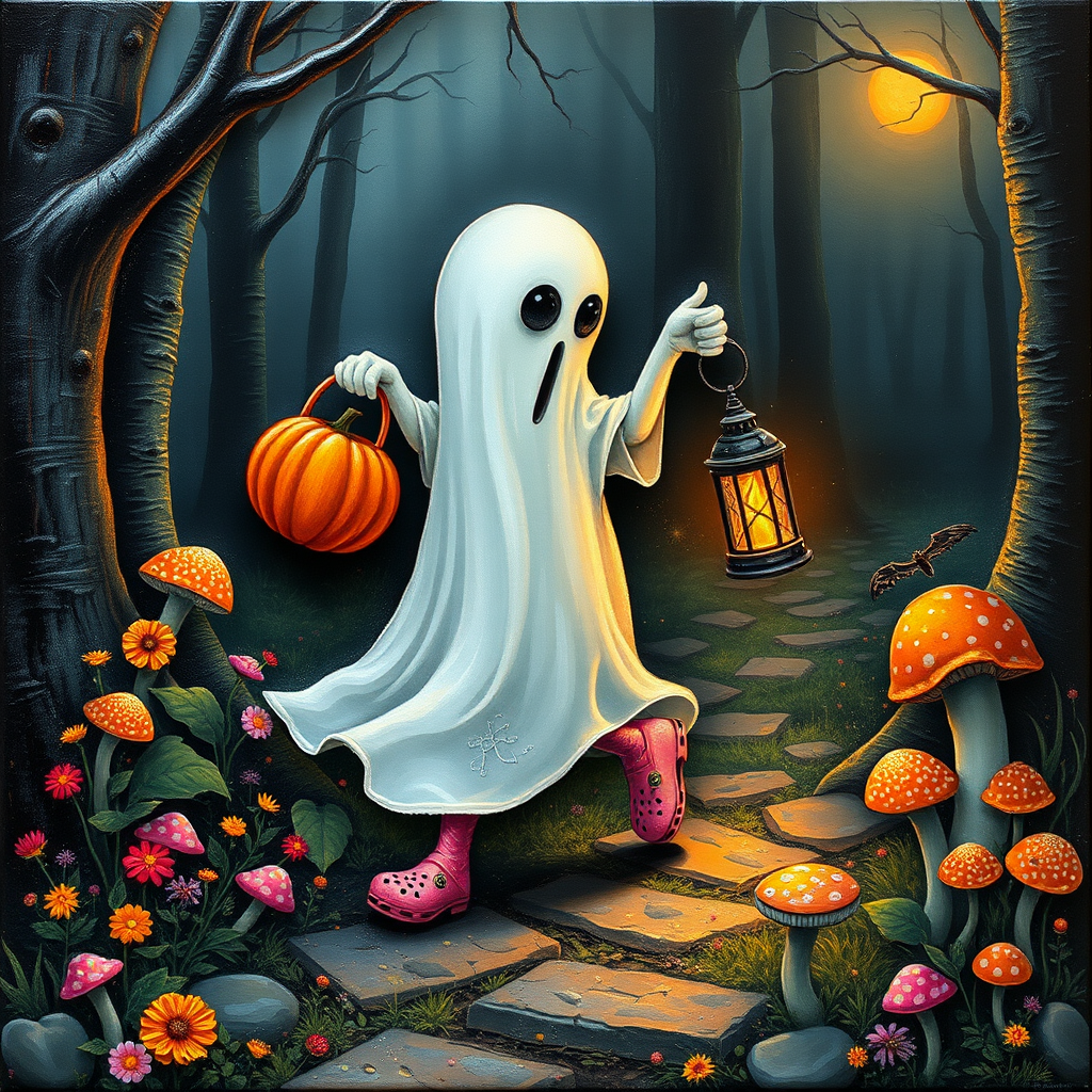 whimsical acrylic and oil painting, 3D, of a ghost, walking and carrying an orange pumpkin bucket and a lantern in the other hand, with bright pink croc shoes, background path in the enchanted forest, wildflowers, colorful mushrooms misty hues of black and orange with bright gold glitter, ultra detailed..Inspired by a prompt from another group