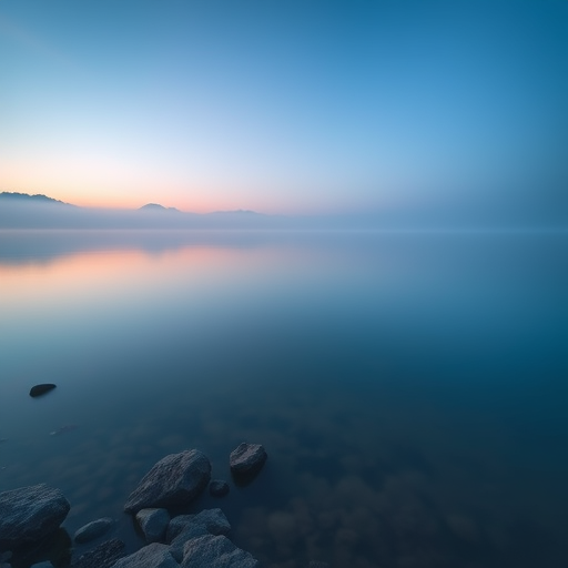 Create a serene landscape image of a misty lake at dawn with soft blue hues, using a Canon EOS R5 with a 24mm f/1.4 lens, aperture set to f/8, shutter speed at 1/60s, ISO 200, and a long exposure effect to capture smooth water reflections.