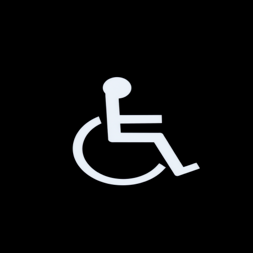 Create a high-resolution image of a wheelchair symbol on a black background, using a DSLR camera with a 50mm lens, aperture f/2.8, ISO 200, shot from a frontal view, with soft diffused lighting for enhanced clarity and contrast.