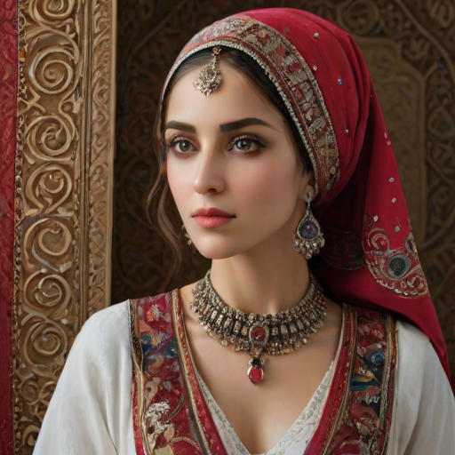 Create a portrait of a beautiful Sephardic woman with striking red eyes and a gentle expression. She is adorned in traditional attire with intricate patterns, including a richly embroidered headscarf and matching garments. Her jewelry includes a delicate headpiece, dangling earrings, and ornate bracelets, all featuring vibrant gemstones and detailed metalwork. The background is soft and warm, enhancing the rich colors of her outfit and jewelry.