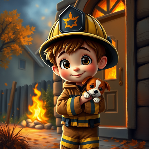 airbrushed oil painting, pixar style, cute little boy in fireman gear, helmet, tousled hair, expressive eyes, standing in the doorstep of a cottage burning behind him, holding a cute little dog in his arm, atumn sky