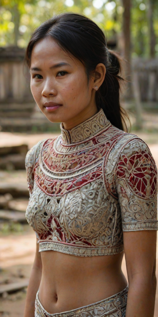 Face, shoulders, chest covered in openwork Cambodian embroidery. Raw, unedited image.
