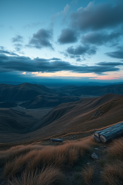 Create a high-resolution image of a serene landscape at dusk with soft lighting, using a DSLR camera, aperture f/8, ISO 200, shutter speed 1/60 sec, wide-angle lens, and capturing a panoramic view for enhanced depth and detail.