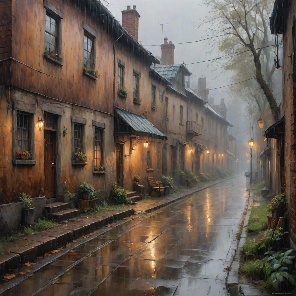 rainy day house painting, fine art painting, fantasy art, 4K, 3D, HDRi, detailed oil painting, high definition art, expressive rustic oil painting, foggy alley, soft focus