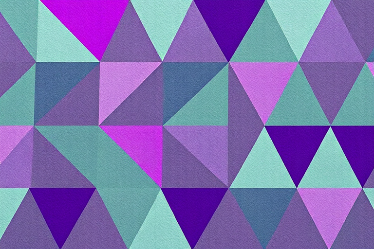 Create a vibrant pattern featuring overlapping triangles in shades of purple, green, and gray with a textured background, shot with a DSLR camera at f/8, ISO 100, 35mm focal length, in natural light.