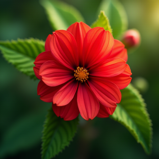 Create a vibrant digital painting of a red flower with green leaves, using a macro lens perspective, f/4 aperture, 1/125 shutter speed, with a soft focus style, using a DSLR camera to enhance image quality.