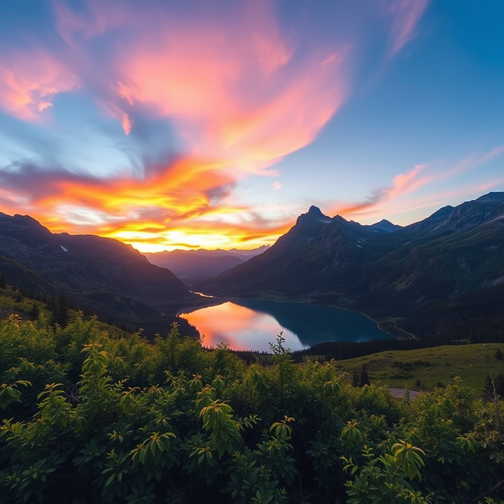 Generate an image of a serene mountain landscape during sunrise with vibrant colors in the sky, include lush greenery in the foreground and a clear reflective lake, shot with a Canon EOS R5 at f/8, ISO 100, and a 24mm lens, using a wide-angle view.