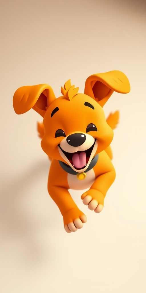 A playful cartoon dog running energetically, vibrant orange color, minimal background, high resolution, shot with a DSLR camera at f/4.0, ISO 100, 35mm lens, top-down view, natural lighting.