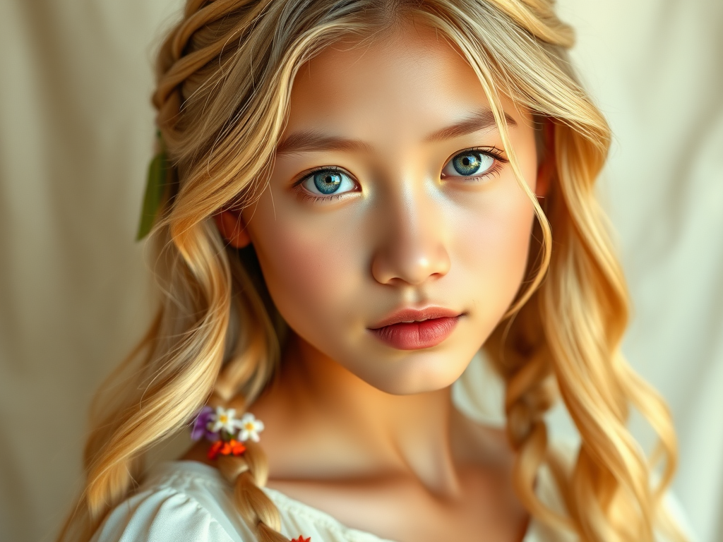 Create an image of a young Filipino woman with long, wavy blonde hair, adorned with small, colorful flowers woven into her braids and loose strands. Her complexion is fair, with soft, glowing skin, and she has light blue eyes that gaze softly at the viewer. She wears a light, flowing dress with a gentle, ethereal quality, complementing her delicate and serene appearance. The background is slightly blurred, drawing focus to her tranquil expression and the intricate details of the flowers in her hair. The overall mood of the image is one of natural beauty and grace, evoking a sense of peacefulness and connection with nature.