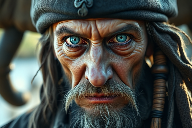 Regenerate a highly detailed portrait of an elderly pirate captain with intense blue eyes and weathered facial features, captured in natural light with a shallow depth of field, using a full-frame DSLR camera, 85mm f/1.4 lens, ISO 200, shutter speed 1/200s, in a dramatic close-up view.