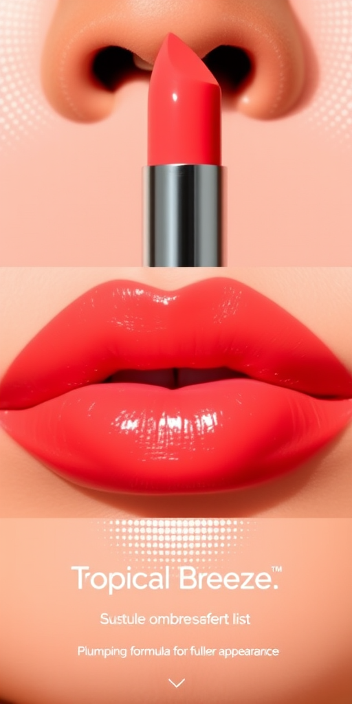 Vibrant coral sunset lips with a glossy finish, called "Tropical Breeze," featuring a subtle ombré effect and a plumping formula for fuller appearance