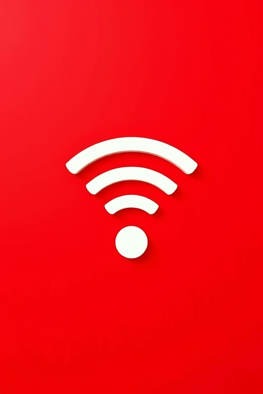 Create a minimalist design of a white Wi-Fi symbol on a solid red background, using a Canon EOS 5D Mark IV, aperture f/8 for sharpness, 50mm lens for a clear view, ISO 100 for optimal light quality, and soft lighting for a balanced contrast.