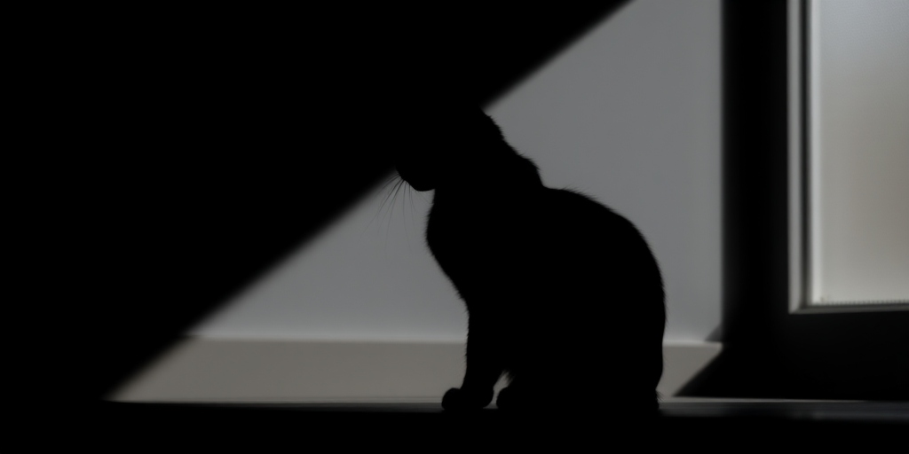 Create a high-resolution image of a minimalistic black silhouette of a cat sitting, using a DSLR camera with a 50mm lens, aperture set to f/1.8, ISO 100, and natural light, captured from a slightly low angle to enhance depth and contrast.