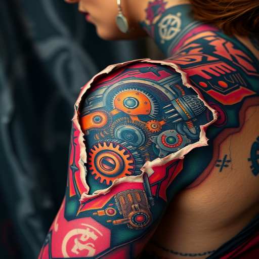 Vibrant biomechanical body tattoo revealing intricate mechanical parts beneath torn skin on the shoulder, blending hyperrealistic details with science fiction elements