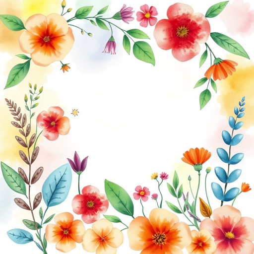 Create a vibrant watercolor illustration of assorted floral and leafy elements with a bright and colorful background, using a Canon EOS R5 camera with a 50mm lens, f/1.8 aperture, ISO 100, shot in natural light for enhanced image quality.