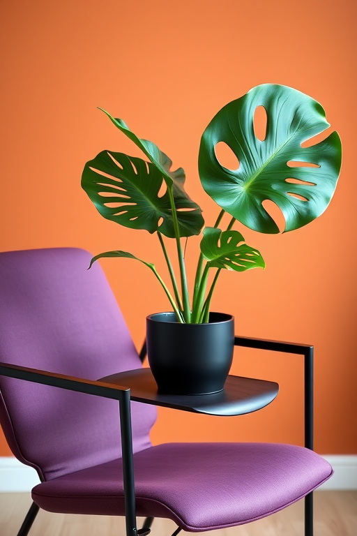 A minimalist indoor setting featuring a vibrant monstera plant in a sleek black pot placed on a modern purple chair, backdrop of warm terracotta wall, shot with a DSLR camera at f/2.8 aperture, ISO 100, shutter speed 1/60s, natural light, focus on plant details and texture.
