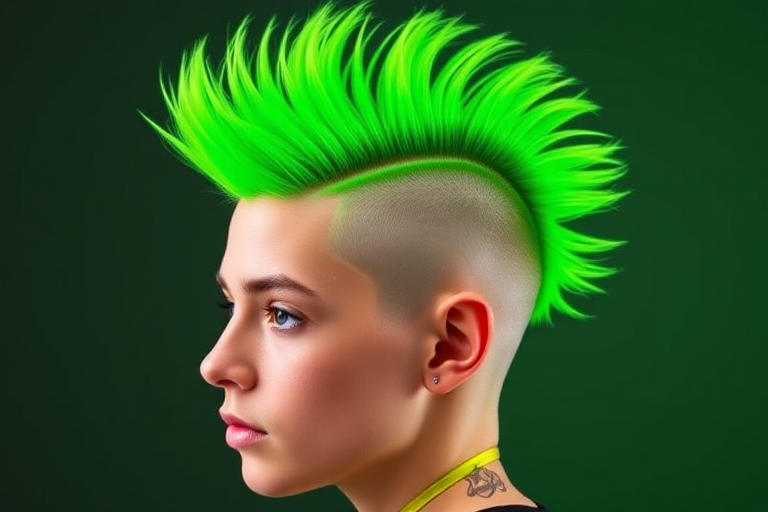 Daring neon green mohawk with shaved sides, dubbed "Electric Rebel," stands tall and proud with a vibrant, eye-catching hue that demands attention