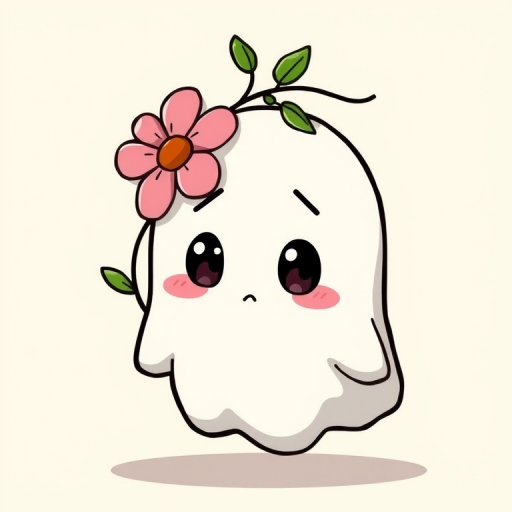 Cute cartoon ghost with a flower in its hair looking puzzled and curious against a simple light background.