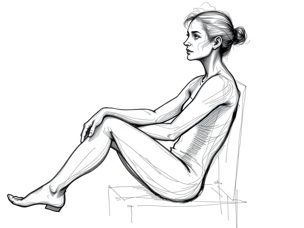 Create a detailed black and white sketch of a seated figure in a relaxed pose, captured in a high-contrast style with fine line work, using a vintage camera at f/2.8 aperture, 50mm lens, ISO 100, and a shallow depth of field to enhance image clarity and focus on the subject.