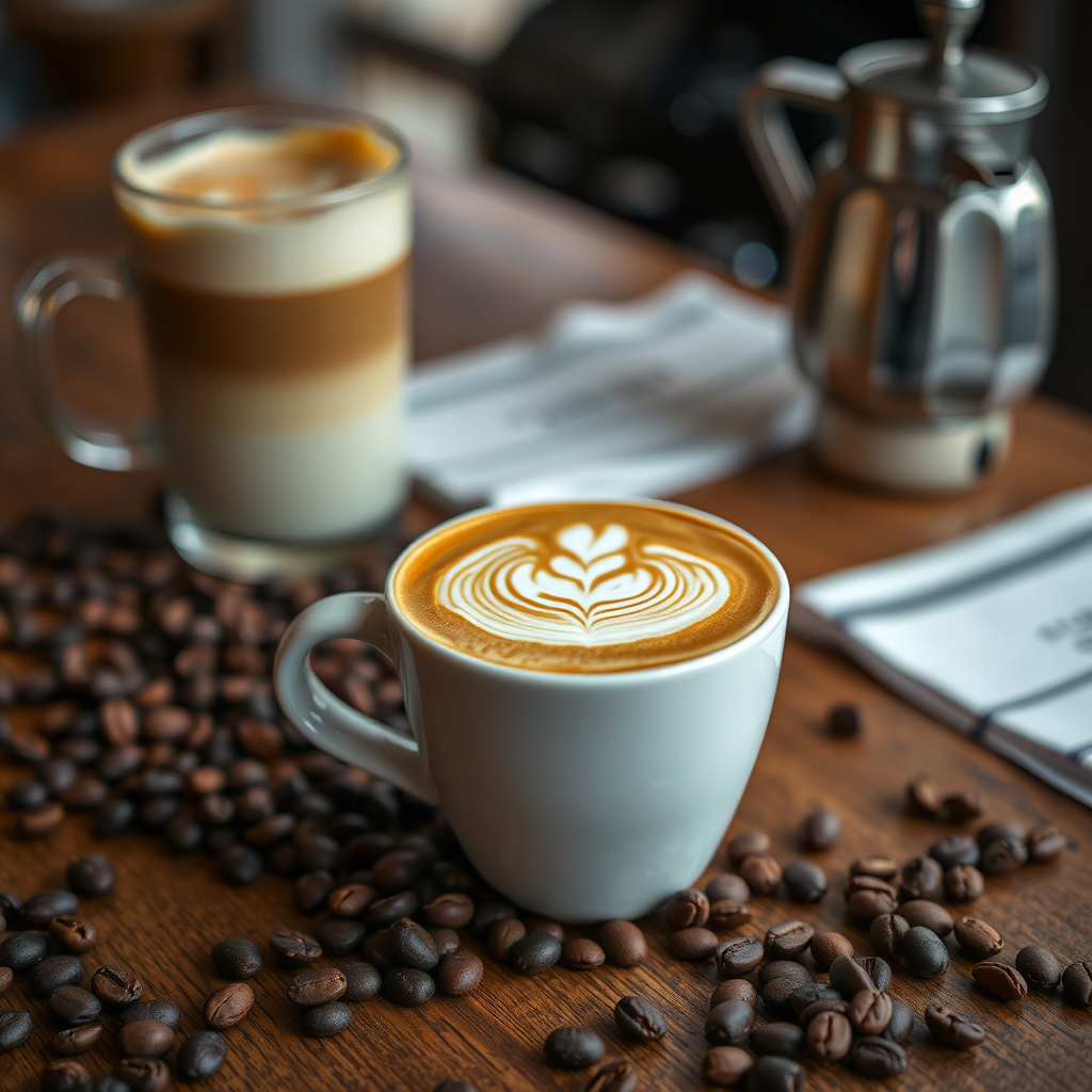 A close-up shot of a beautifully crafted latte art in a white cup on a wooden table scattered with coffee beans, steam rising from the coffee, with a blurred background featuring a glass of milk coffee and a metal coffee pot, taken with a Canon EOS 5D Mark IV, 50mm lens, aperture f/2.8, shutter speed 1/125 sec, ISO 200, in natural soft light to enhance details and warmth.