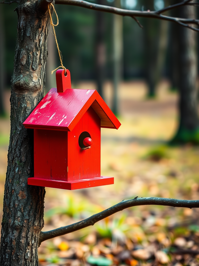 regenerate an image of a red birdhouse attached to a tree branch in a wooded setting with a shallow depth of field, using a DSLR camera with a 50mm lens, aperture set to f/2.8, ISO 200, and capturing at a 45-degree angle for enhanced detail and vibrant colors